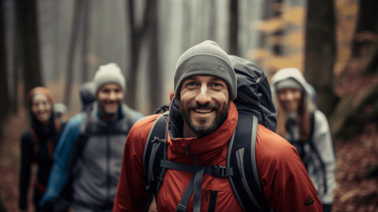 Abenteuerliche Wandergruppe im Wald, unterwegs auf einer Naturtour mit Rucksack und wetterfester Kle.