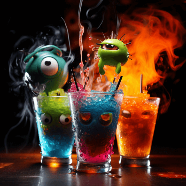 Bunte Monster-Cocktails mit Rauch und Flammen, kreativ dekoriert.