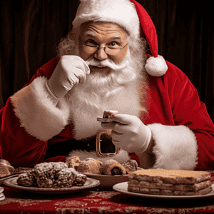 Weihnachtsmann in rotem Kostüm beim Backen von Keksen und Plätzchen.