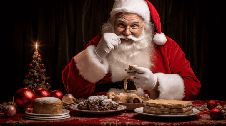 Weihnachtsmann in rotem Kostüm beim Backen von Keksen und Plätzchen.