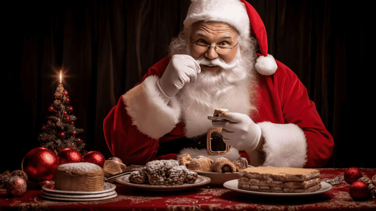 Weihnachtsmann in rotem Kostüm beim Backen von Keksen und Plätzchen.