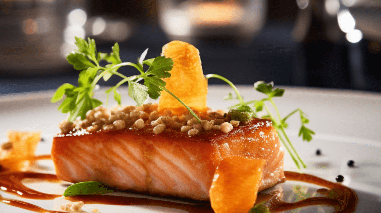 Gebackener Lachs mit Kräutern und Sauce, ansprechend präsentiert.