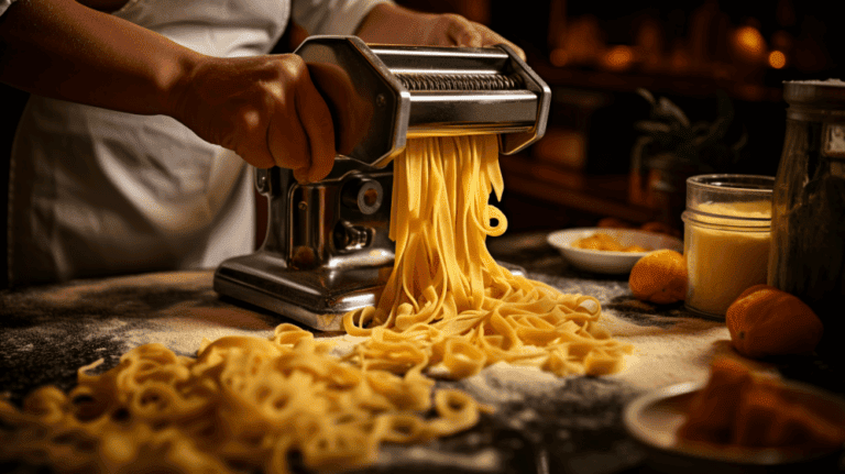 Hand schneidet frische Pasta mit Nudelmaschine in der Küche.