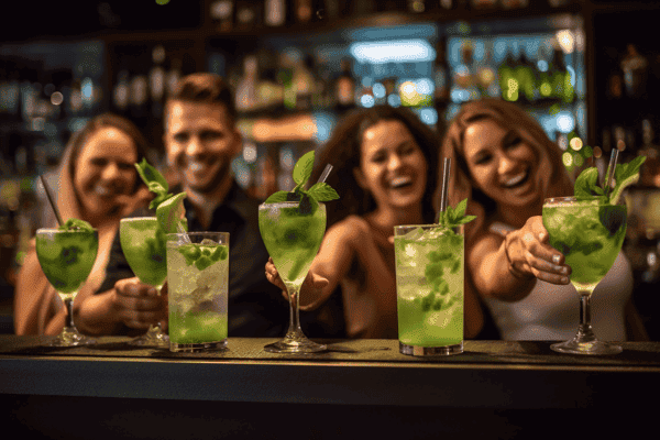 Olafs Kochschule - Cocktails mit Freunden Freunde trinken bunte Cocktails in einer Bar, lachen und genießen den Abend.