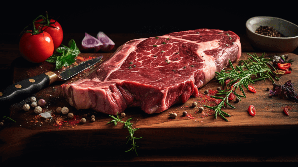 Frisches Rindersteak mit Tomaten, Kräutern und Gewürzen auf Holzbrett.