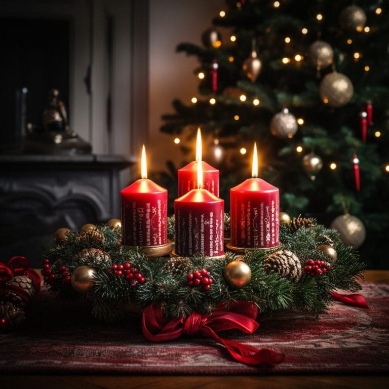 Festliche Weihnachtsdekoration mit brennenden Kerzen und Tannenzweigen.