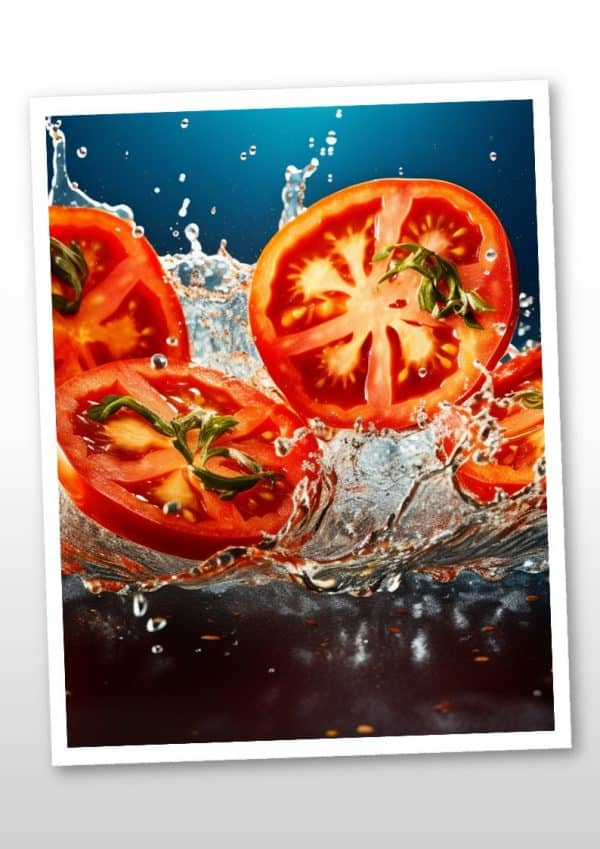 Frischer Tomatensalat mit Wasser spritzend Frische Tomaten, die ins Wasser fallen, perfekt für Kochschule und Kochbuch.