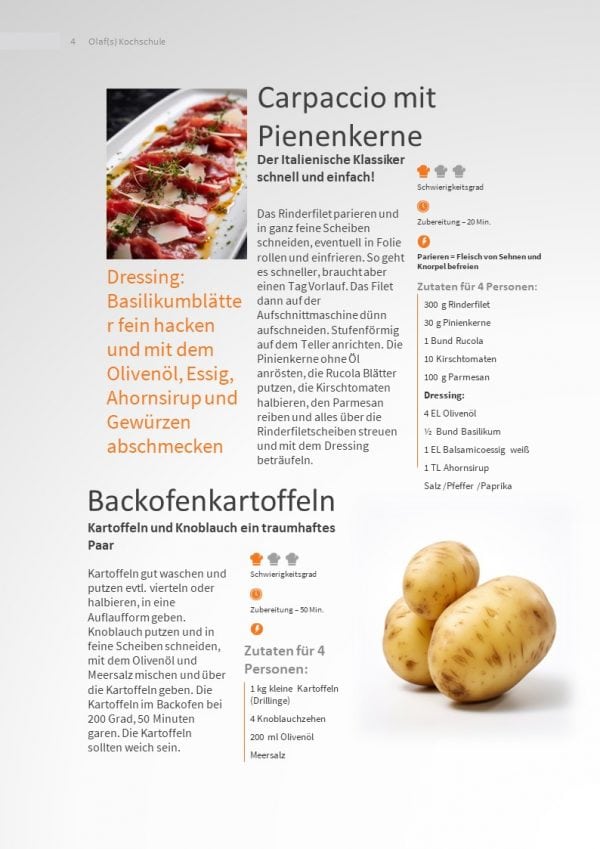 Kochbuch mit Rezepten und Tipps Kochbuch von Olaf(s) Kochschule mit Rezepten für italienische Gerichte.