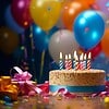 Bunte Geburtstagstorte mit Kerzen, umgeben von Ballons und Geschenken.