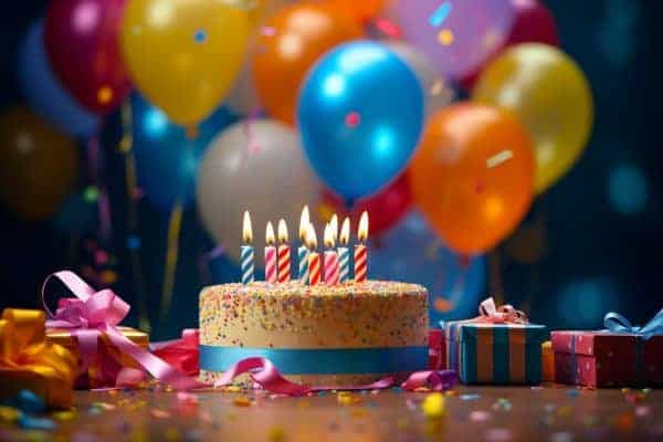 Bunte Geburtstagstorte mit Kerzen, umgeben von Ballons und Geschenken.