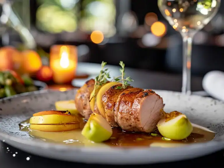 Gebratene Fleischrolle mit Gemüse, Sauce und Kerzen im Hintergrund.