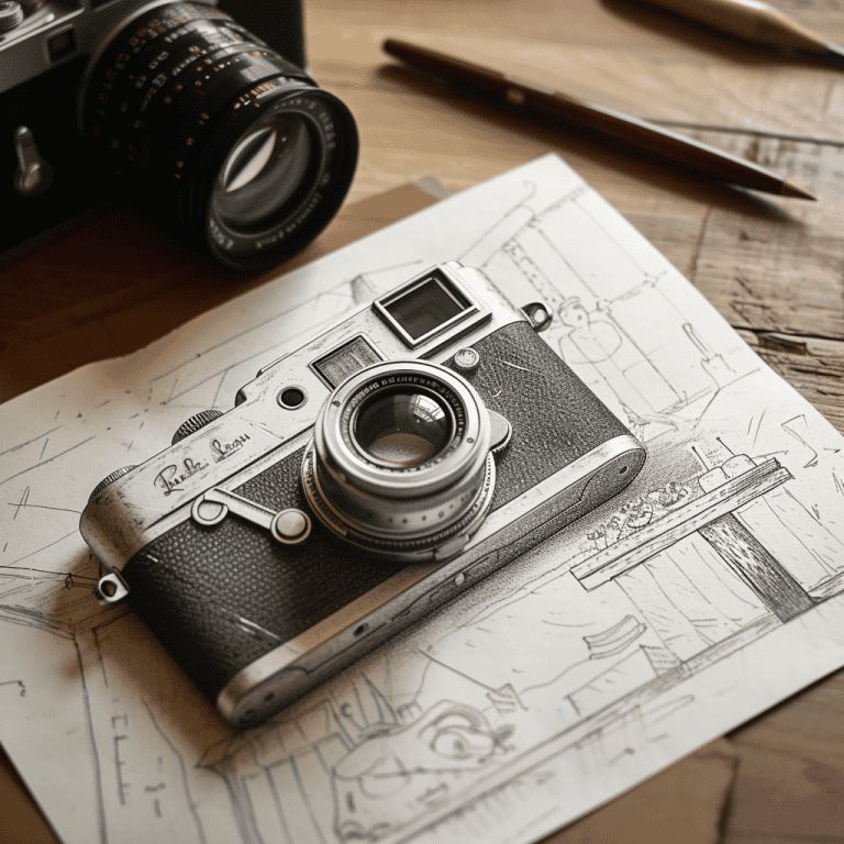 Leica Kamera auf Skizze und Schreibutensilien, kreative Fotografie.