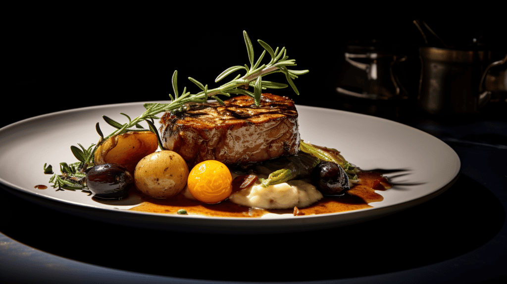 Perfekt zubereitetes Steak mit Gemüse, Kartoffeln und Kräutern auf einem weißen Teller.