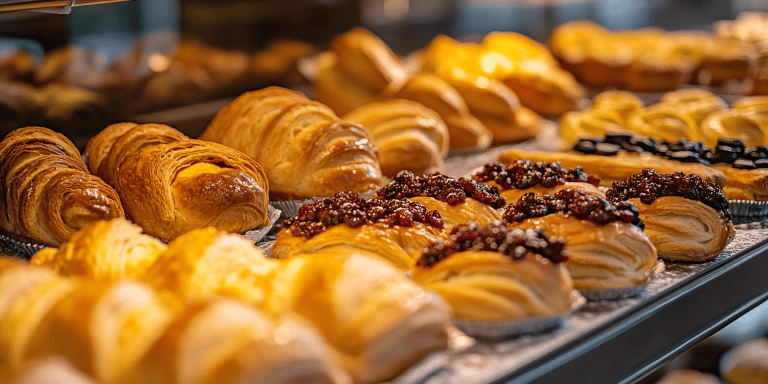 Frisches Croissant und Gebäck in der Bäckerei Olaf's Kochschule.