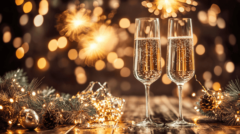 Zwei Champagnergläser mit Feuerwerk im Hintergrund für Silvesterfeier.