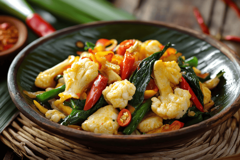 Buntes Gemüse-Curry mit Blumenkohl, Paprika und Chili in einer Schüssel.