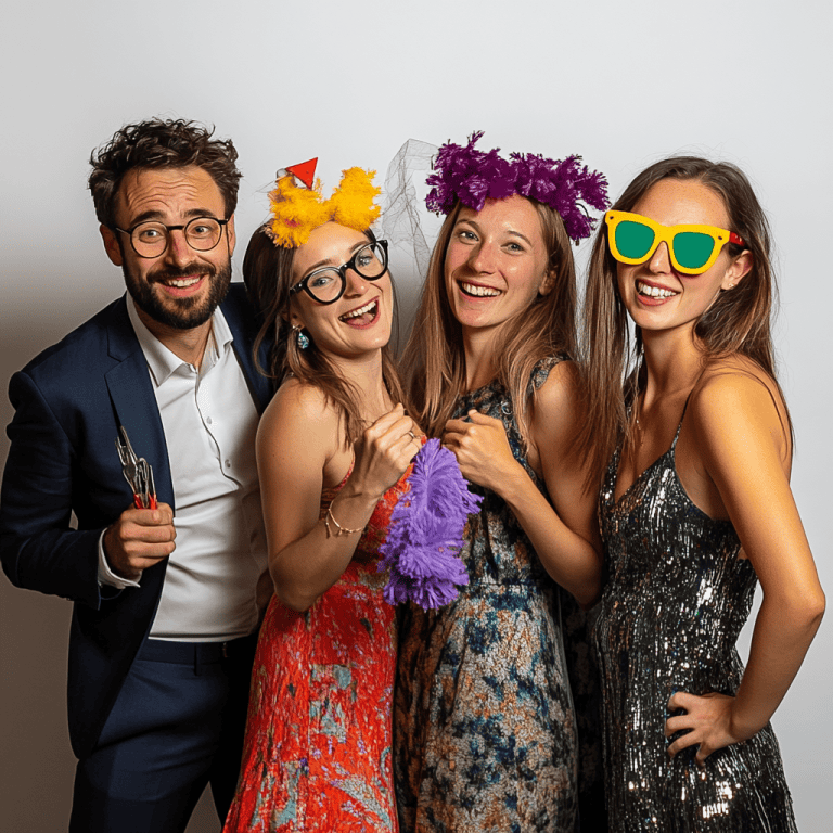Gruppe lachender Freunde bei Party mit bunten Accessoires und Gläsern.