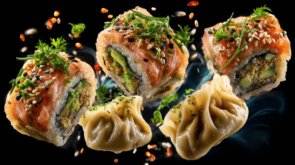 Köstliche Sushi-Rollen mit Avocado und Sesam Frische Sushi-Rollen mit Avocado, Sesam und Garnelen, appetitlich präsentiert.