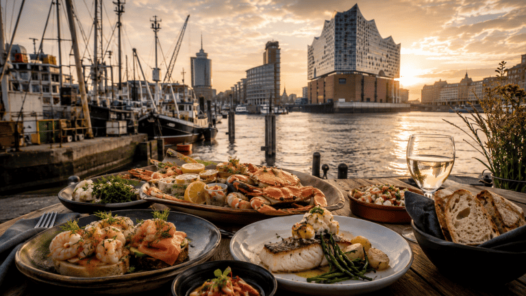 Kulinarisches Essen mit Hafenblick bei Sonnenuntergang in Hamburg.
