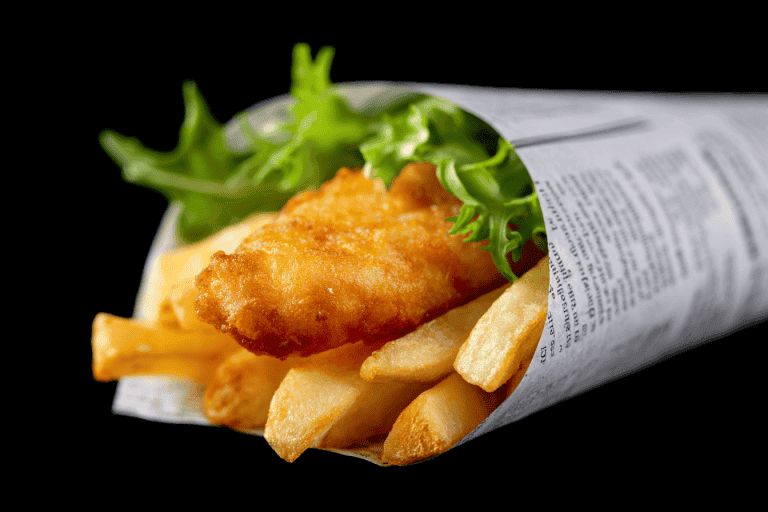 Fischfilet mit Pommes und Salat im Zeitungspapier eingewickelt.