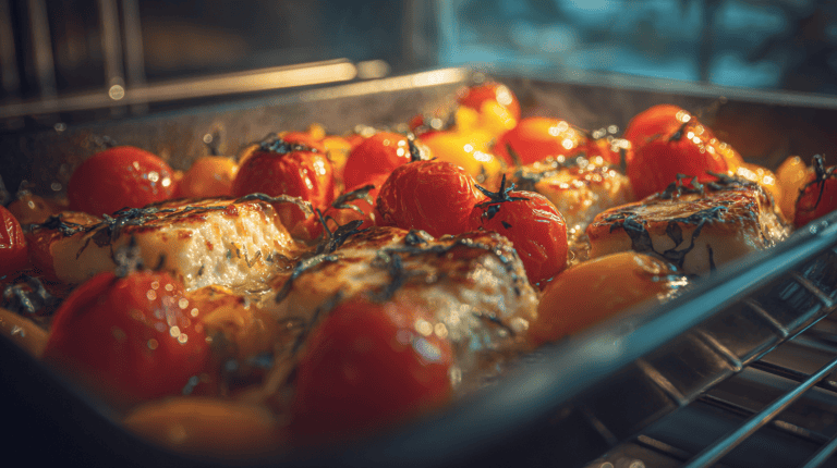 Ofengericht mit Tomaten, Fisch und Kräutern, typisch französische Küche, frisch zubereitet, perfekt.