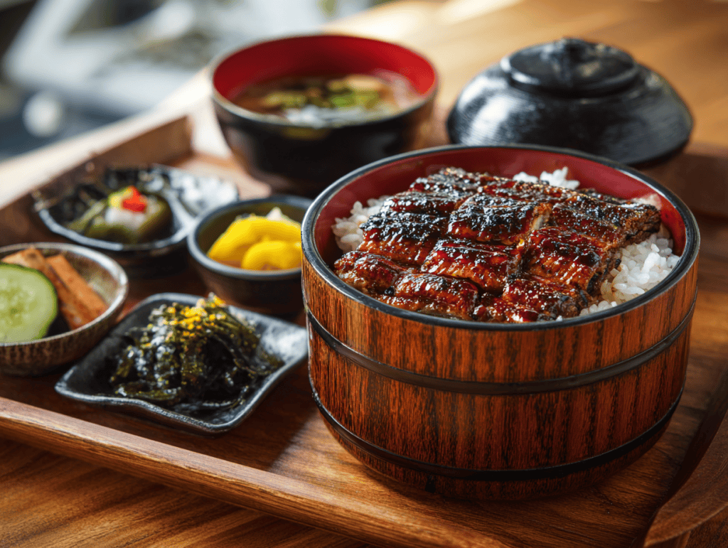 Traditionelles japanisches Unagi-Don mit gegrilltem Aal und Reis.