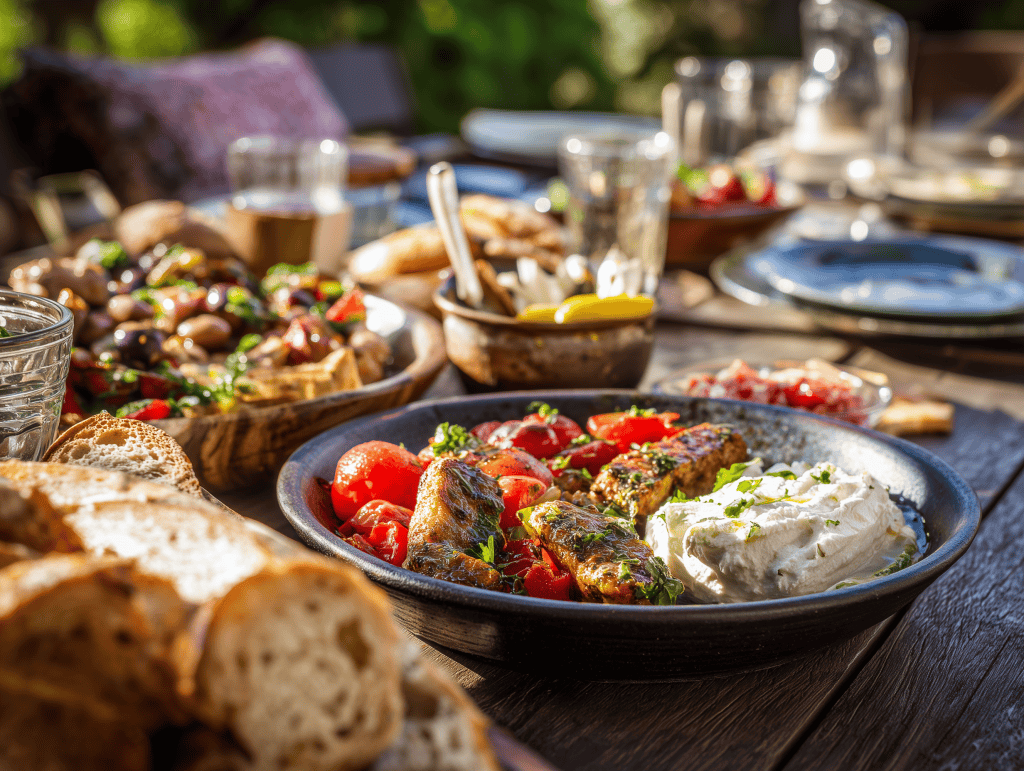Frisches mediterranes Essen bei Olaf's Kochschule im Freien.