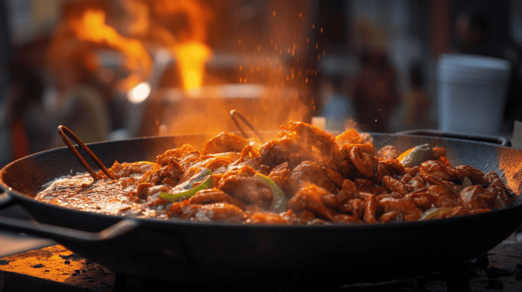 Cajun- und Kreolisches Essen in einer Pfanne, heiß und aromatisch.