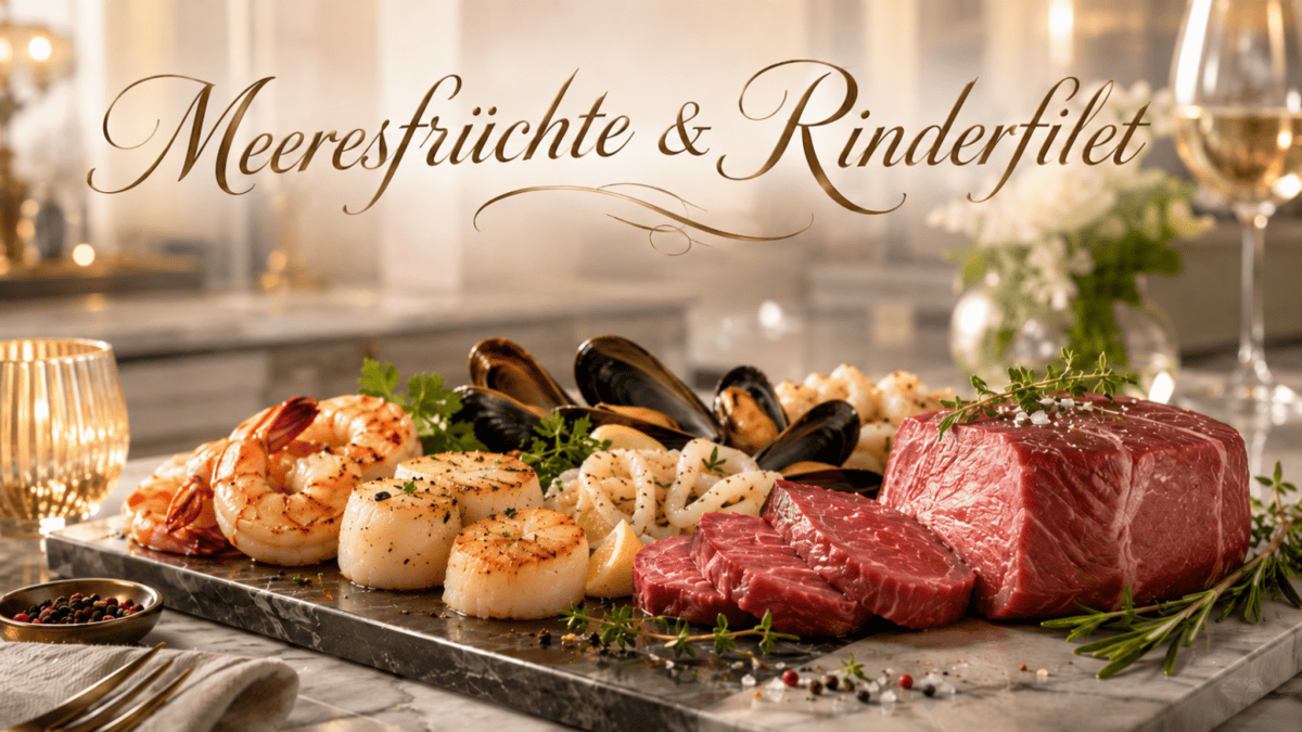 Feines Meeresfrüchte- und Rinderfilet-Menü auf eleganter Platte.