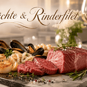 Feines Meeresfrüchte- und Rinderfilet-Menü auf eleganter Platte.