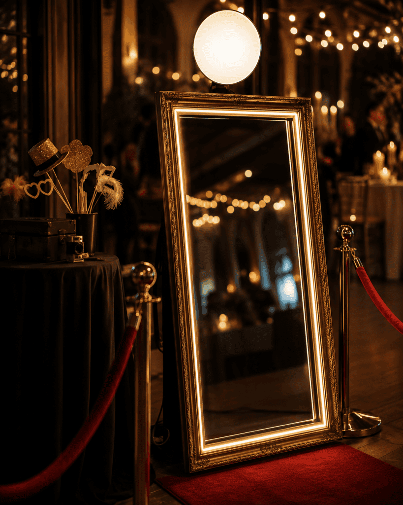 Eleganter Spiegel mit warmem Licht bei einer Feier.