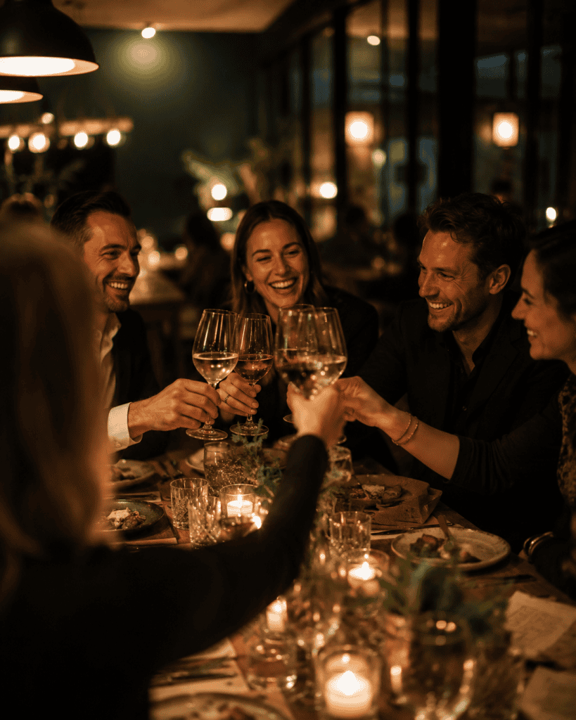 Menschen beim Kochkurs stoßen mit Wein an, gemütliche Atmosphäre.