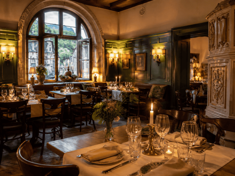 Elegantes Restaurant im historischen Gebäude mit festlich gedecktem Tisch und Kerzenlicht.