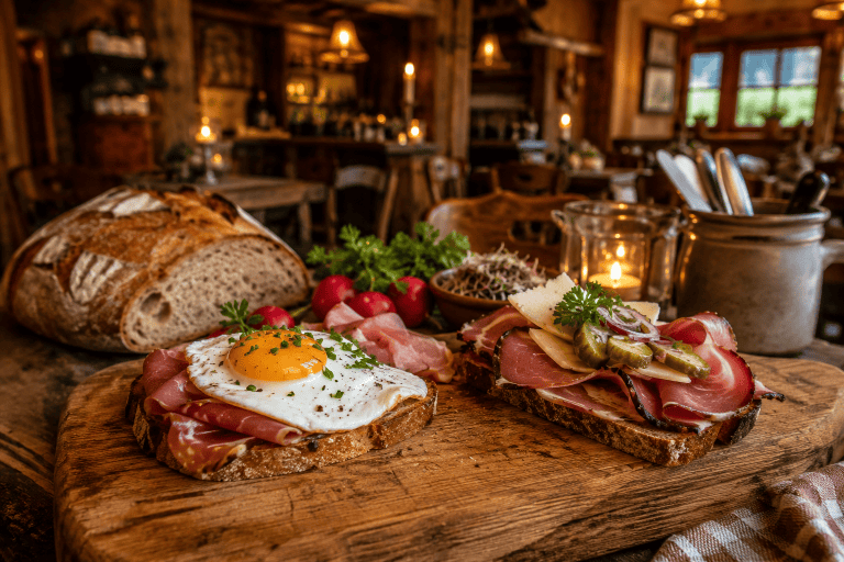 Frühstücksgerichte mit Ei, Schinken und frischen Kräutern auf Holzbrett.