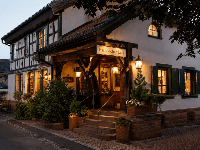 Traditionelles deutsches Gasthaus mit warmem Licht und grünen Fensterläden bei Dämmerung.