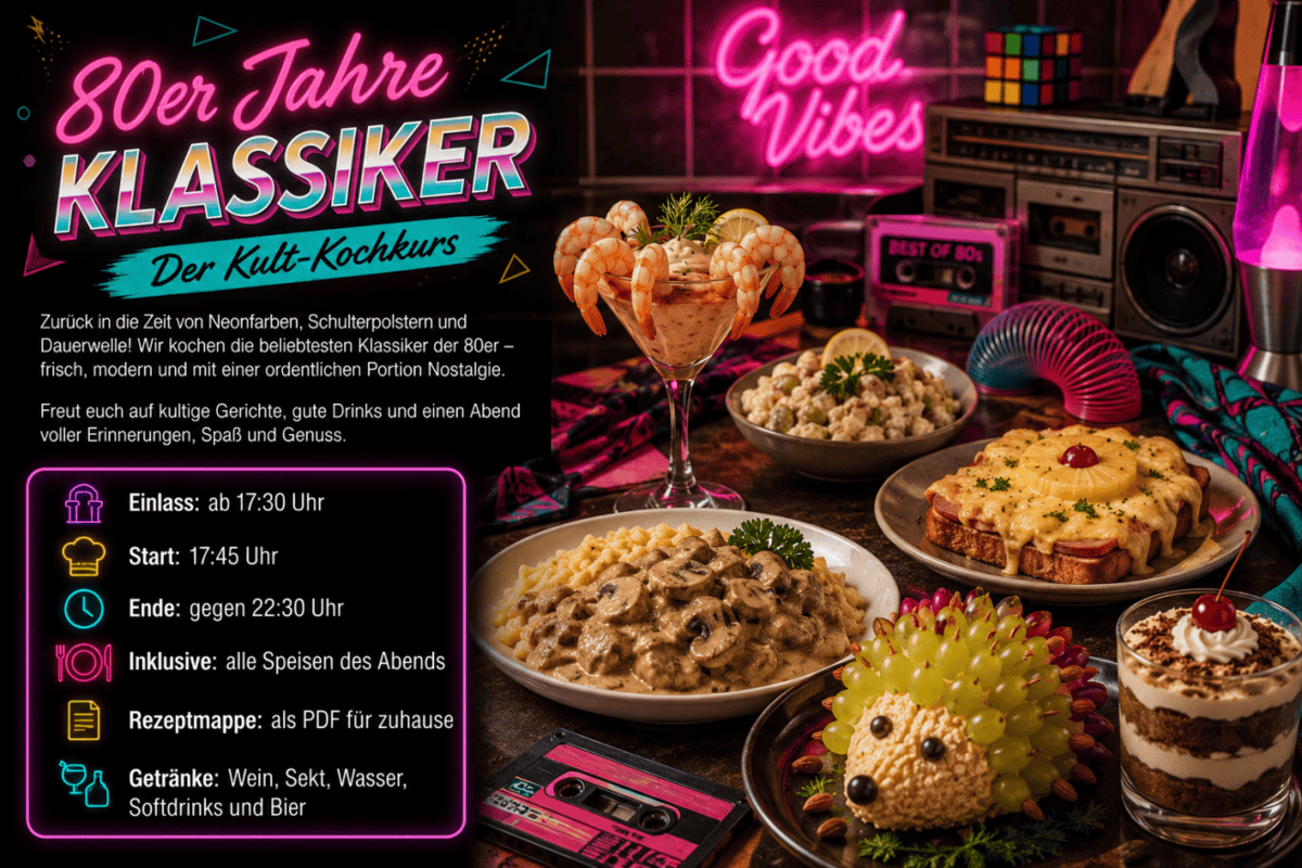 80er Jahre Klassiker Kochkurs mit nostalgischem Flair bei Olaf's Kochschule.