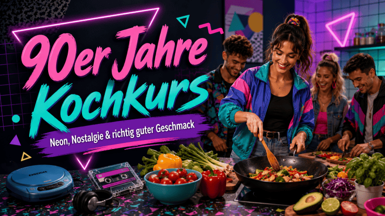 Junge Menschen beim 90er Jahre Kochkurs mit Neon-Designs und bunten Zutaten.