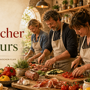 Teilnehmer beim italienischen Kochkurs bereiten mediterrane Gerichte zu.