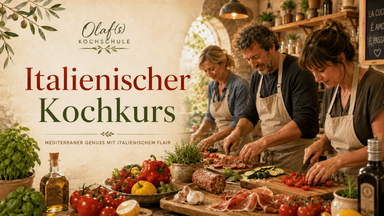 Teilnehmer beim italienischen Kochkurs bereiten mediterrane Gerichte zu.
