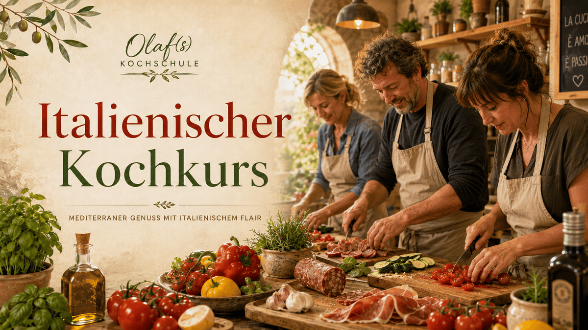 Teilnehmer beim italienischen Kochkurs bereiten mediterrane Gerichte zu.