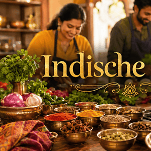 Menschen beim Kochen indischer Gerichte in einer Kochschule.