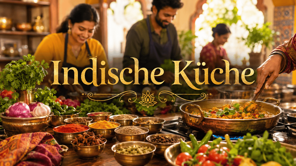 Menschen beim Kochen indischer Gerichte in einer Kochschule.