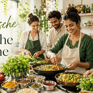 Menschen kochen vegetarische indische Gerichte in einer hellen Küche.