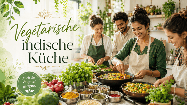 Menschen kochen vegetarische indische Gerichte in einer hellen Küche.