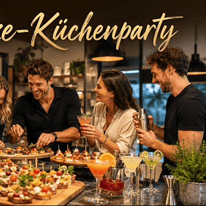 Freunde genießen Fingerfood und Cocktails bei einer Küchenparty.