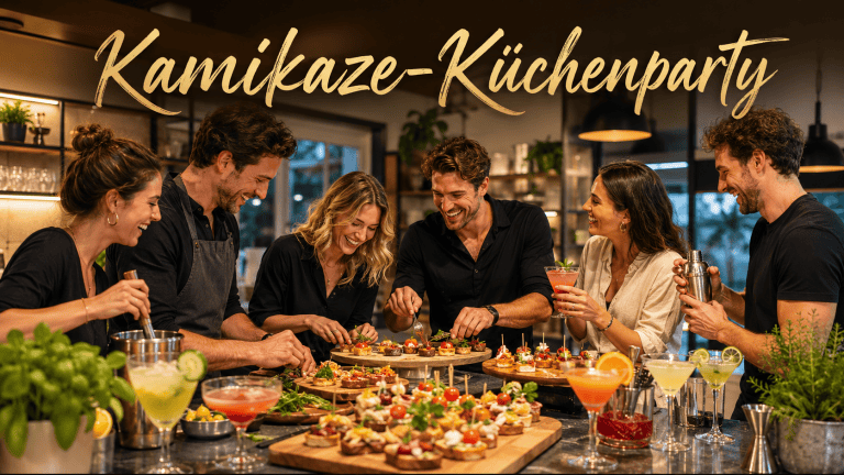 Freunde genießen Fingerfood und Cocktails bei einer Küchenparty.