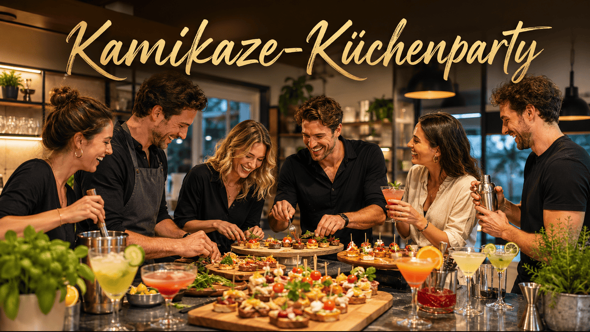 Freunde genießen Fingerfood und Cocktails bei einer Küchenparty.