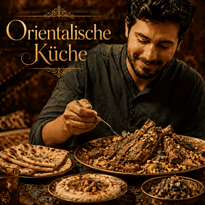 Mann genießt orientalisches Gericht in Kochschule, Gewürze und Düfte im Hintergrund.