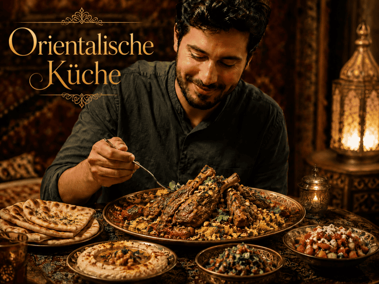 Mann genießt orientalisches Gericht in Kochschule, Gewürze und Düfte im Hintergrund.