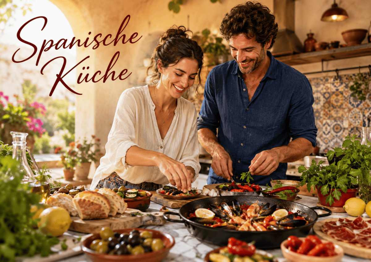 Paare kochen spanische Gerichte in einer Küche mit mediterranem Flair.